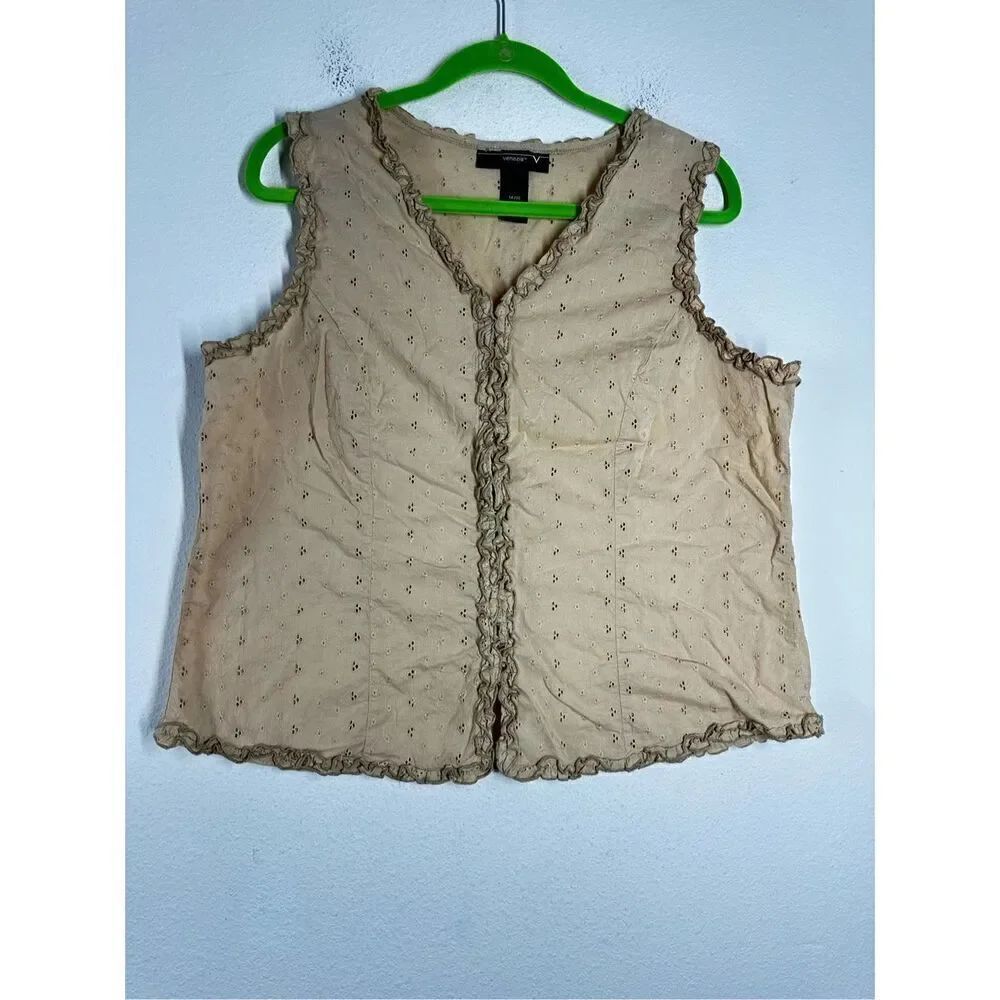 Venezia Eyelet Bohemian Sleeveless Top Ruffle Size 14/16 Tan Cotton Hook closure